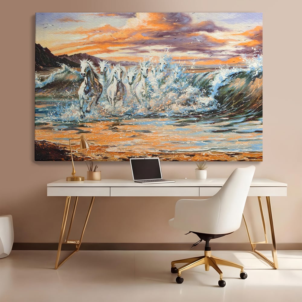 Tablou canvas cu tablou canvas cu cai galopand in valuri, fara rama, pe sasiu de lemn, pe perete intr-un birou